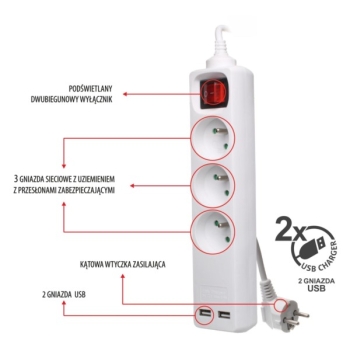 Przedłużacz 3 gniazda+wyłącznik 3m + 2 gniazda USB