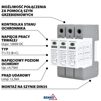 OGRANICZNIK PRZEPIĘĆ 3P 12,5kA DC 1000V KLASY T1+T2 Z ISKIERNIKIEM GAZOWYM SCHELINGER