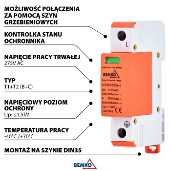 OGRANICZNIK PRZEPIĘĆ 1P 8kA(10/350) KLASA T1+T2 (B+C)