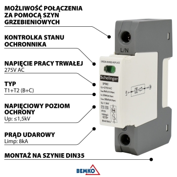 OGRANICZNIK PRZEPIĘĆ 1P 8kA(10/350) KLASA T1+T2 (B+C) SCHELINGER