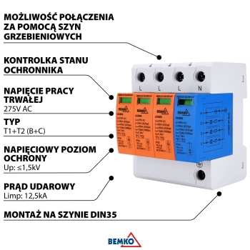 OGRANICZNIK PRZEPIĘĆ 4P 12,5kA(10/350) KLASA T1+T2 (B+C)