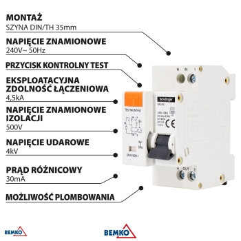 WYŁĄCZNIK RCBO 2P B 25A 30mA TYP AC SCHELINGER