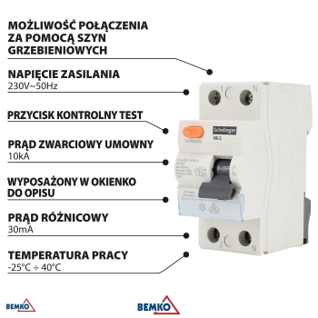 WYŁĄCZNIK RÓŻNICOWOPRĄDOWY A 2P 25A 30mA 10kA VDE SCHELINGER